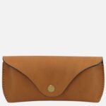 Tan brown leather envelope-style wallet with a snap button closure.