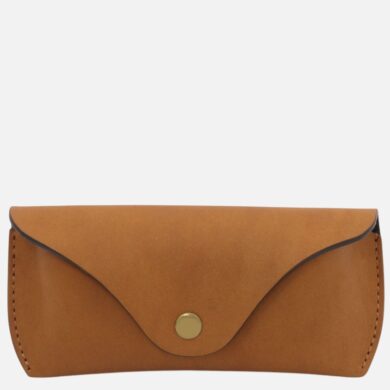 Tan brown leather envelope-style wallet with a snap button closure.