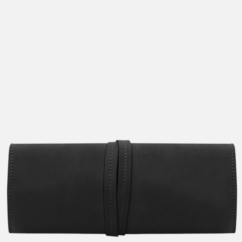 Black leather clutch wallet with a stitched wrap strap against a plain background, minimalist design
