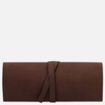 Brown leather wallet with a wraparound strap, embossed 'TUSCANY LEATHER' on the front against a white background.