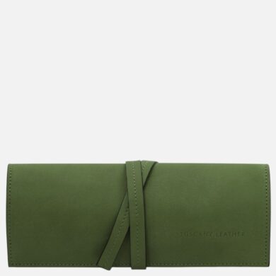 Green leather wallet with a tied wrap strap and subtle Tuscany Leather branding on the front surface.