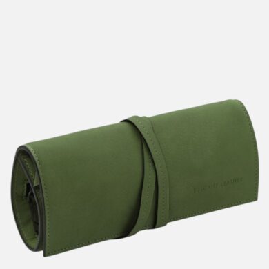 Green leather glasses case with a wrap-around strap and stitched edges.