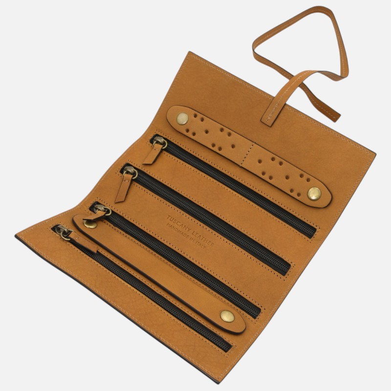 Tan leather zippered organizer opened flat with four zip pockets and a strap closure