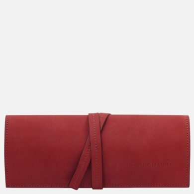 Red leather wallet with a wraparound strap, brand stamp 'TUSCANY LEATHER' on the lower right.