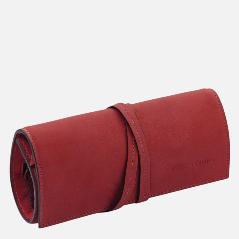 Red leather roll-up glasses case with a matching strap, embossed with Tuscany Leather on the side