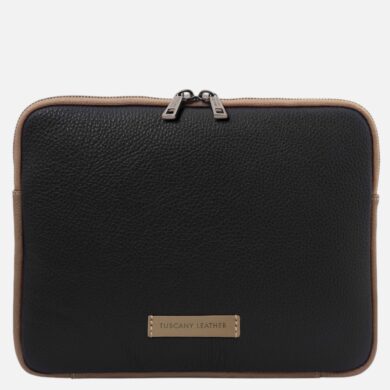 Black pebbled leather laptop sleeve with light brown trim and a small tan label reading Tuscany Leather