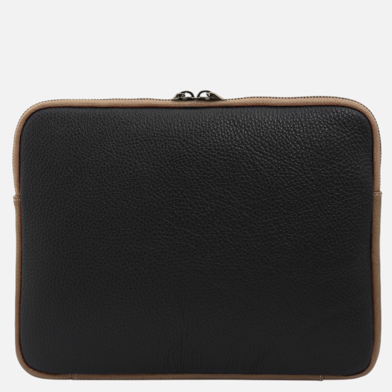 Black textured leather zippered pouch with tan trim along the edges
