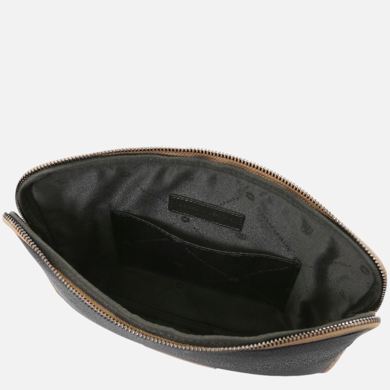 Open view of a gray zippered pouch interior showing a small card slot and a wider main compartment lined in black fabric