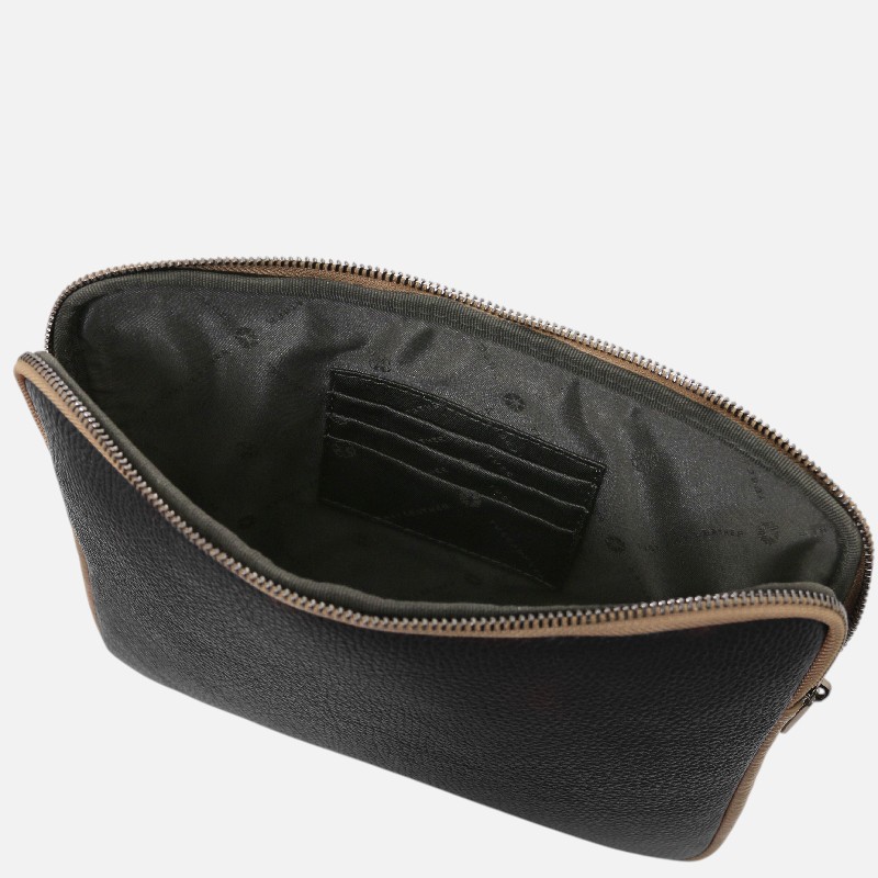 Compact black leather zippered pouch opened to reveal a lined interior and card slots inside.