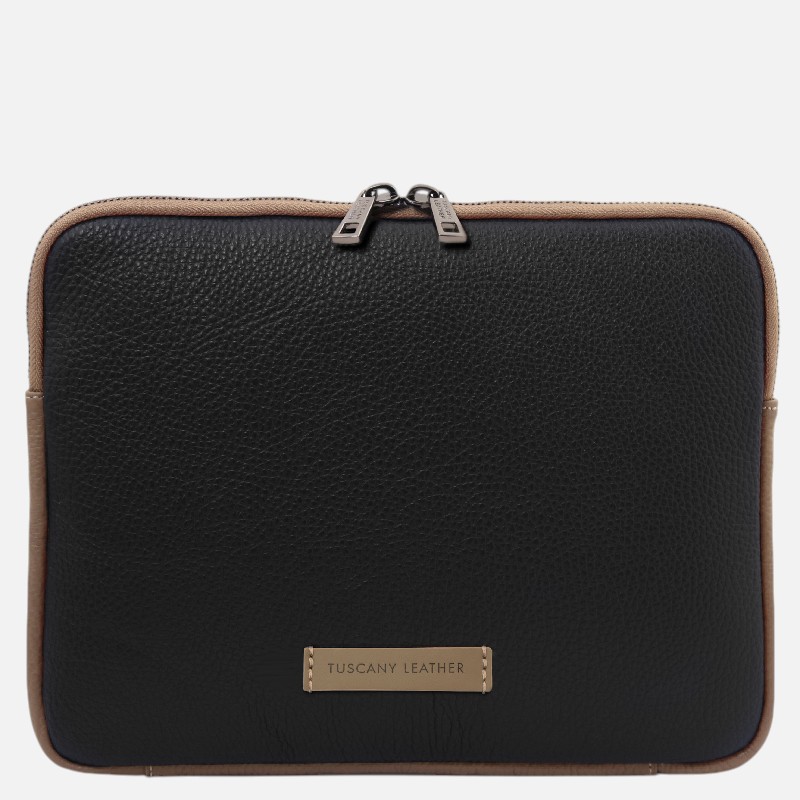 Black pebbled leather laptop sleeve with light brown trim and a small tan label reading Tuscany Leather