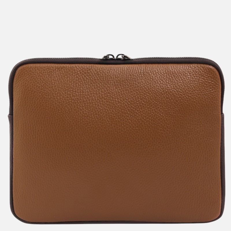 Brown pebbled leather laptop sleeve with dark trim and top zipper.