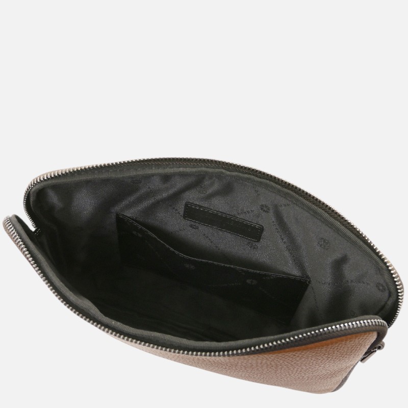 Brown leather zippered pouch opened to reveal a black fabric interior with a small inside pocket and card slot.
