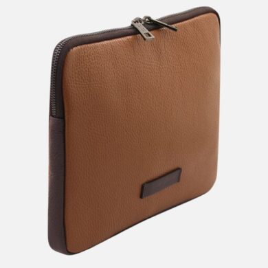 Brown textured leather zippered wallet with dark brown sides and a small front brand badge.