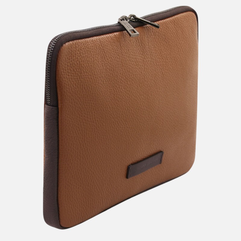 Brown textured leather zippered wallet with dark brown sides and a small front brand badge.