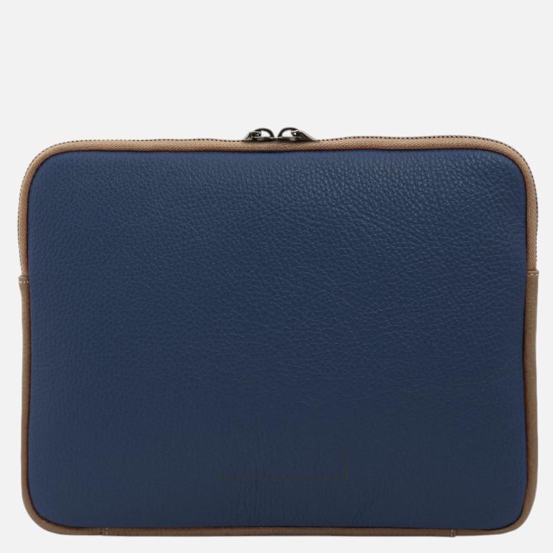 Blue pebbled leather zippered case with tan trim.