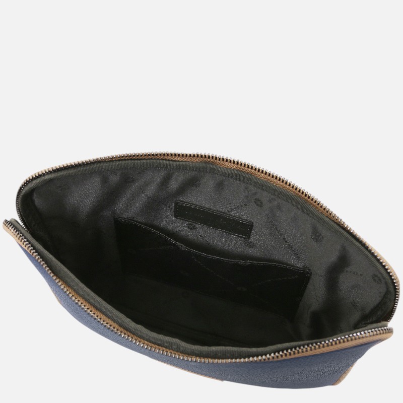 Open navy blue zipper pouch exposing its black fabric interior with a small card slot inside
