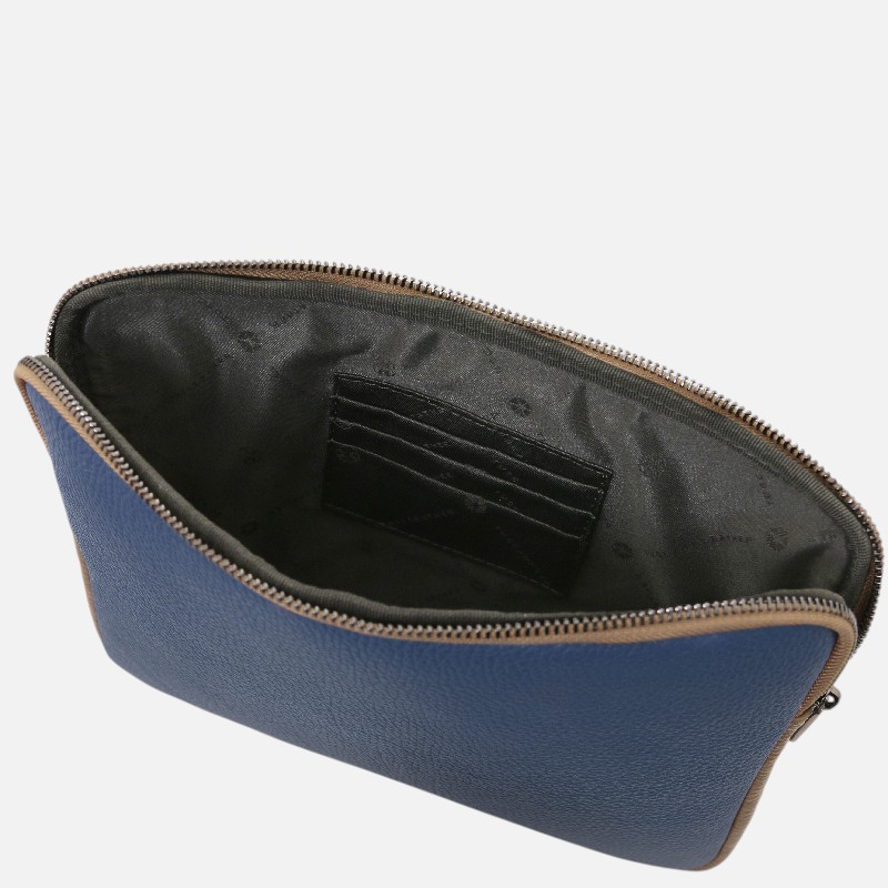 Blue pebbled leather zippered pouch opened to reveal a black interior with card slots inside.