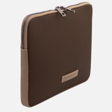 Brown textured leather zippered pouch with tan trim and a small metal brand plaque on the front.