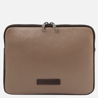 Tan pebble-grain leather zippered pouch with dark brown trim and a double zipper, featuring a Tuscany Leather brand patch.