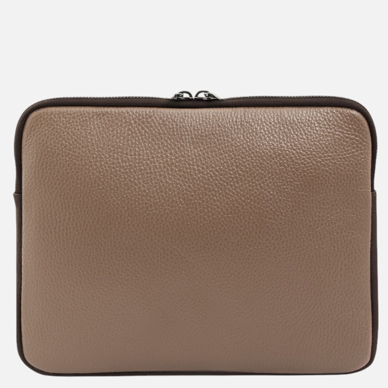 Brown pebbled leather zippered square case with dark trim, a compact travel pouch or tablet sleeve