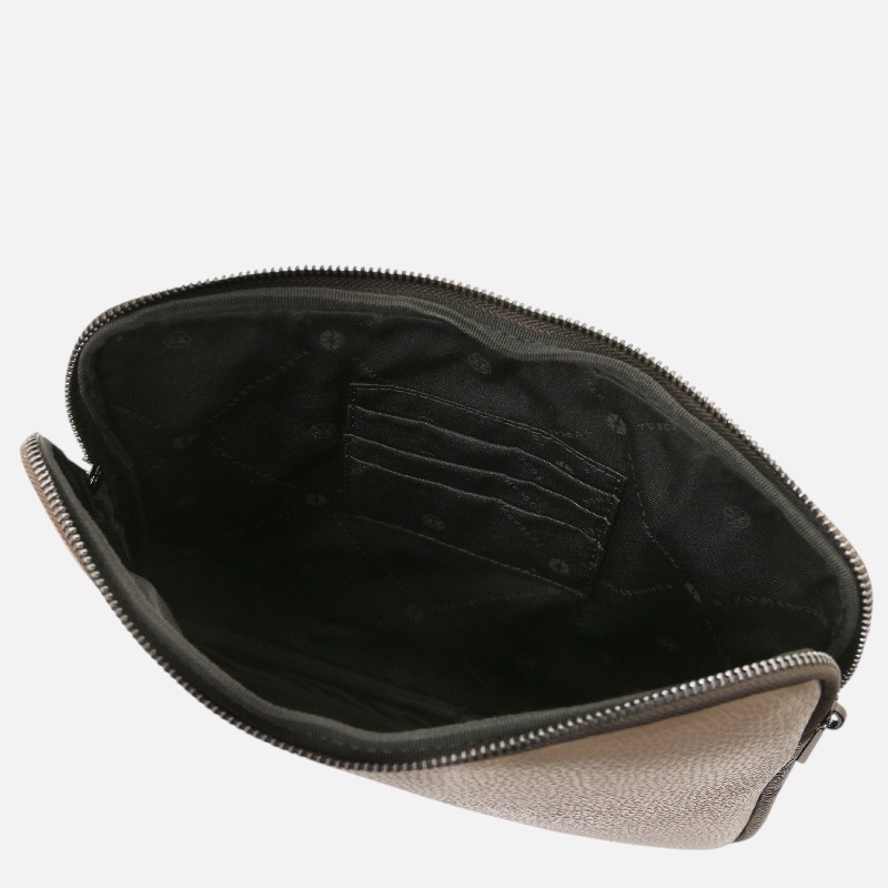 Beige zippered pouch open to reveal black interior with card slots and pockets.