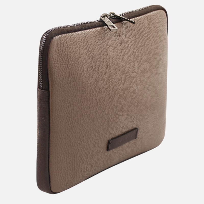 Tan textured leather zippered pouch with dark brown sides, standing upright against a light background.
