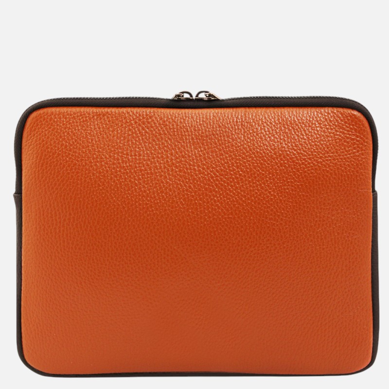 Orange pebbled leather clutch with black edging and a double zipper along the top, rectangular shape.