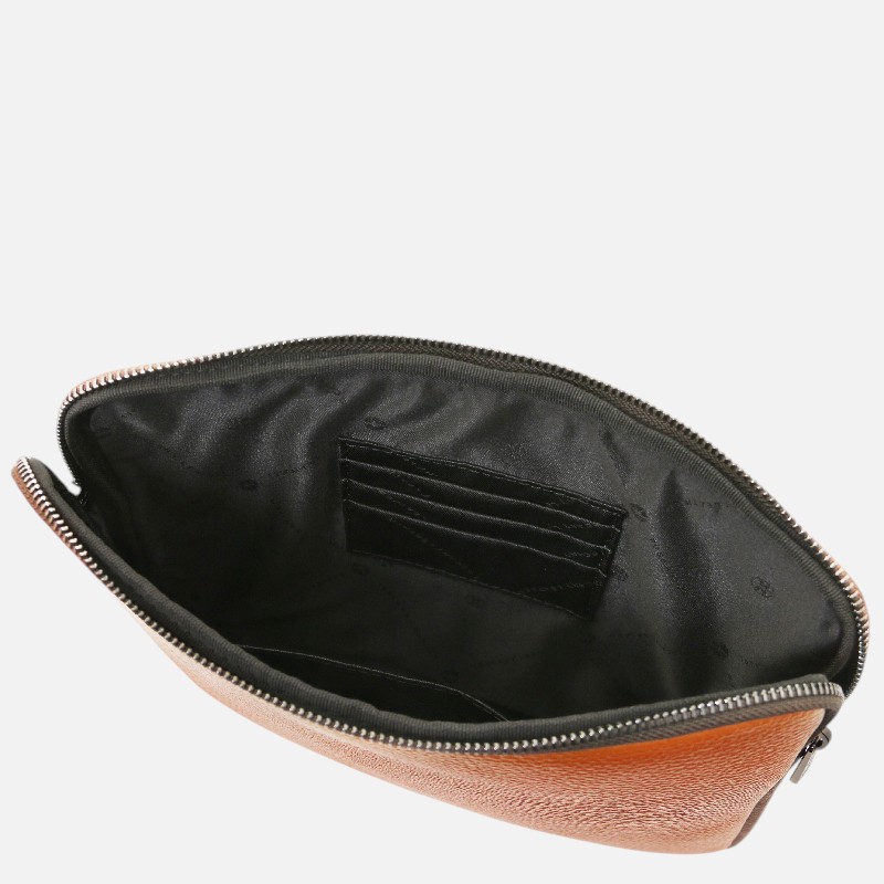 Open brown leather zippered pouch showing black fabric interior and card slots inside