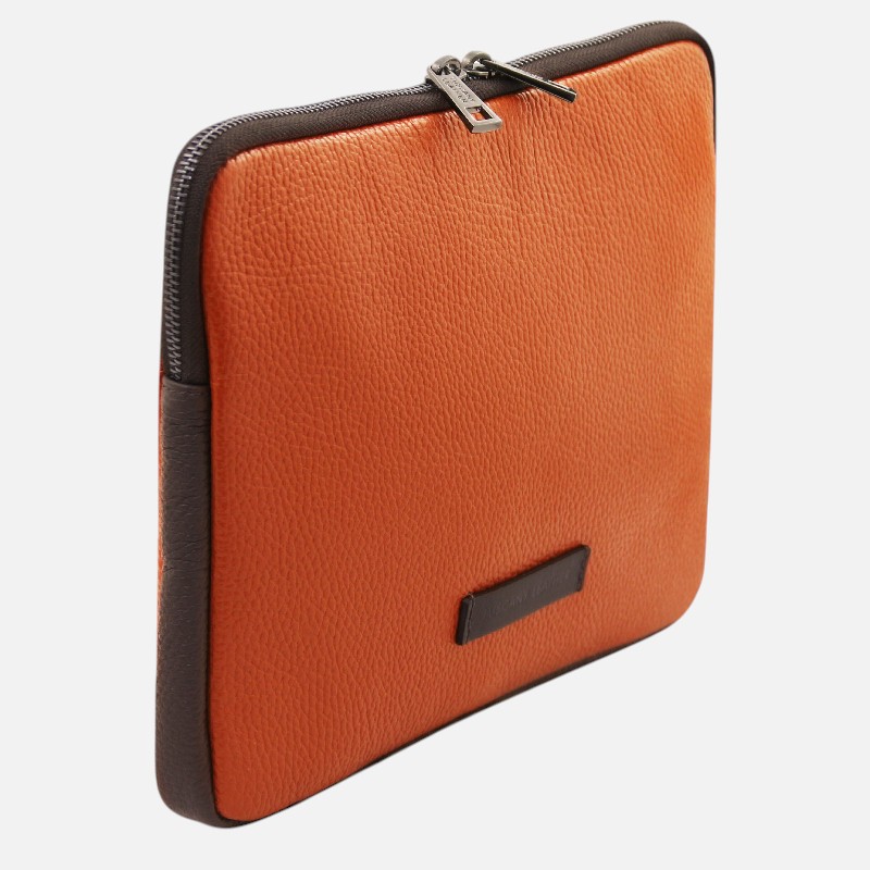 Orange leather zippered case with dark brown edges and a small label on the front.
