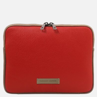 Red leather square bag with tan trim and dual top zippers, Tuscany Leather badge on front edge.
