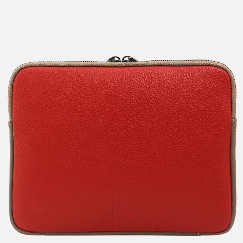 Red leather zippered case with tan/brown trim, compact storage pouch