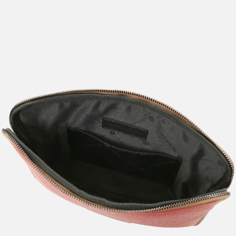 Open pink zippered wallet showing multiple interior card slots and a main compartment, ready to store cards and coins.