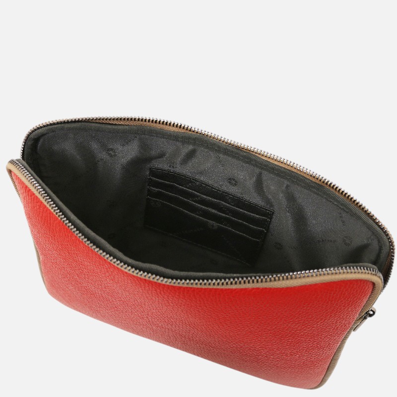 Red zippered pouch opened to show black interior with card slots, likely a small wallet or cosmetic case