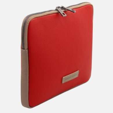 Red leather zippered wallet with beige side panels and a metal brand plate reading TUSCAN LEATHER