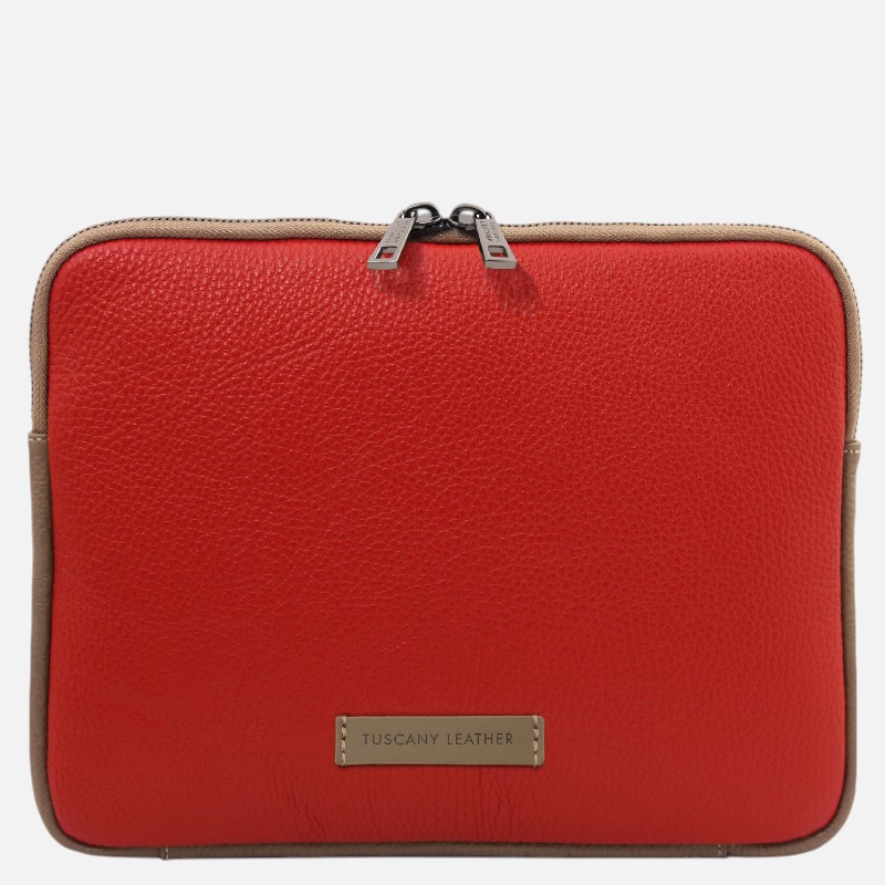 Red leather square bag with tan trim and dual top zippers, Tuscany Leather badge on front edge.