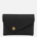 Black envelope-style clutch bag in leather with a gold/button closure.