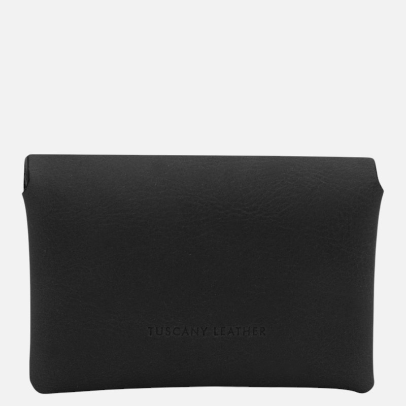 Black leather pouch with subtle embossing reading 'TUSCANY LEATHER' on the front.