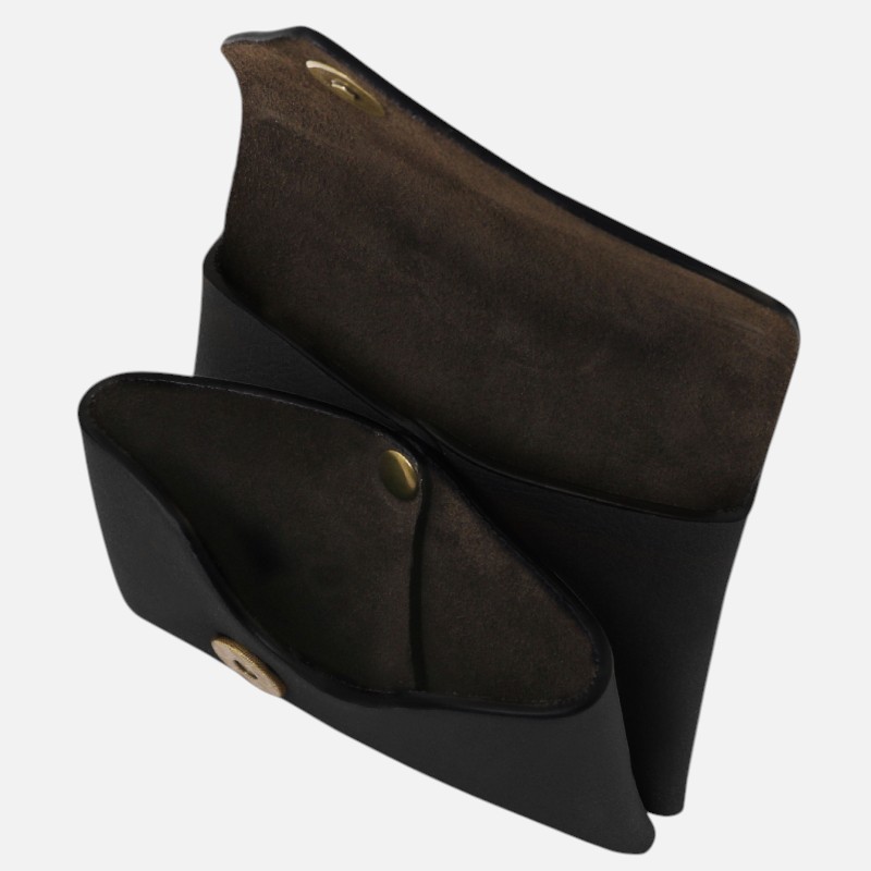 Open black leather wallet with brown suede interior and brass snap button clearly visible on flap edge.