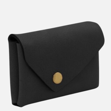 Black leather envelope clutch with a gold snap button closure