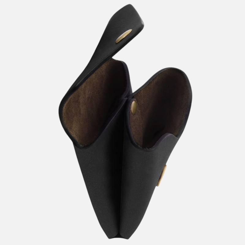 Double black leather pouch with two snap closures, opened to reveal brown suede interior.