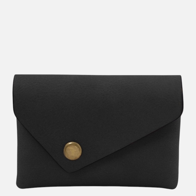 Black envelope-style clutch bag in leather with a gold/button closure.