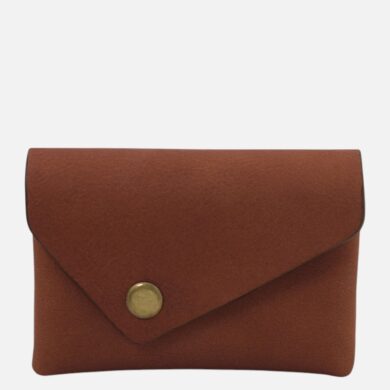 Brown leather envelope-style wallet with a brass snap button closure on the front.