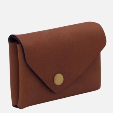 Brown leather wallet/clutch with a fold-over flap and a gold snap button.