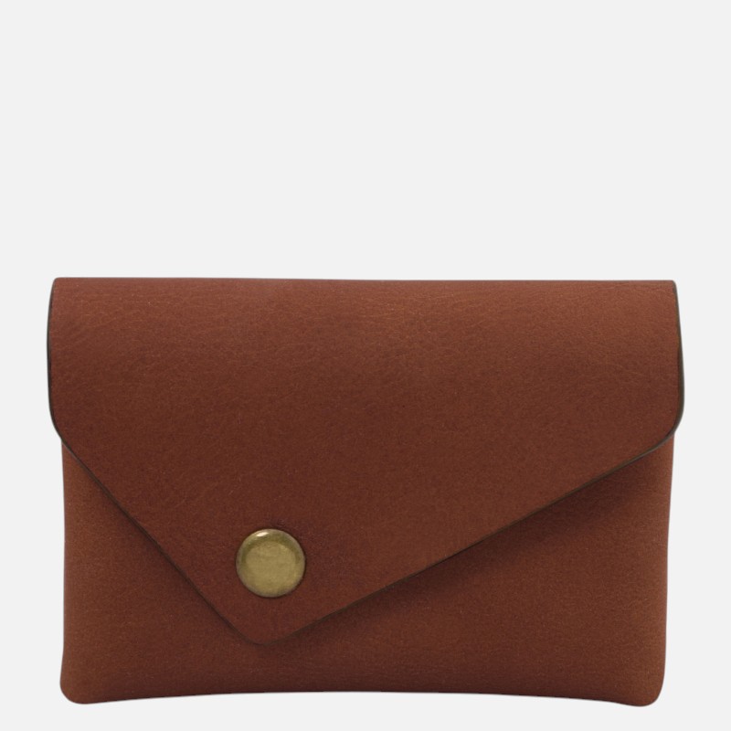 Brown leather envelope-style wallet with a brass snap button closure on the front.