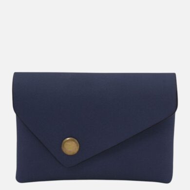 Navy blue envelope-style clutch wallet with a brass snap button at the front.