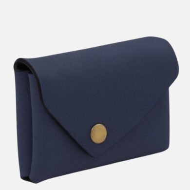 Envelope-style navy blue wallet with a flap and brass snap button