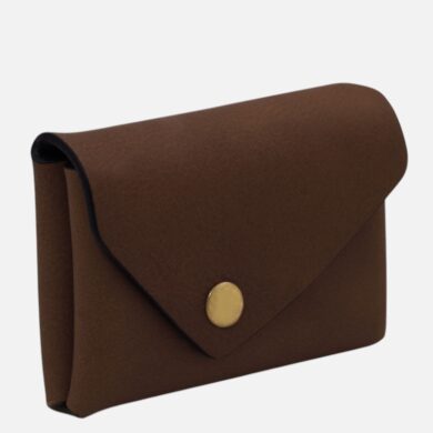 Brown leather wallet with a rounded flap and brass snap closure.