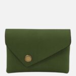 Olive green envelope clutch with a brass snap button on the flap edge.