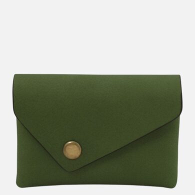 Olive green envelope clutch with a brass snap button on the flap edge.