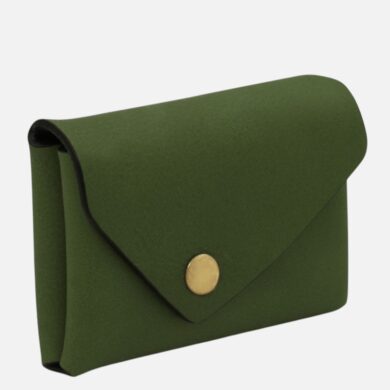 Green leather wallet with a flap and brass snap closure, shown at a slight angle.